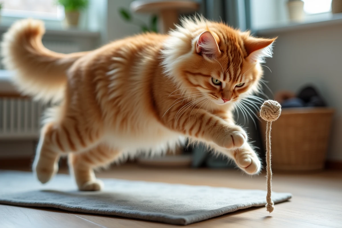 Chat Highlander roux en plein saut vers un jouet suspendu sur un tapis de jeu, illustrant l'importance du jeu dans son éducation