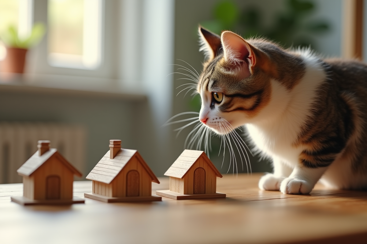 Chat curieux inspectant des maquettes de maisons