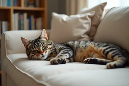 Chat tigré allongé sur un canapé en lin beige, l'air endormi et inactif dans un salon bien rangé