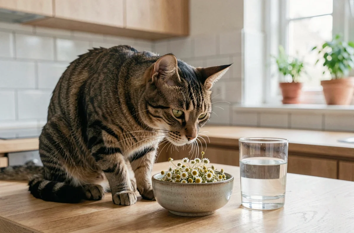 Chat tigré curieux reniflant des remèdes naturels à base de plantes sur un comptoir de cuisine en bois