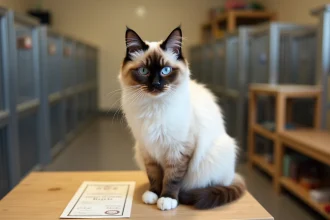 Chat sacré de Birmanie assis sur une table d'éleveur avec pedigree et étiquette de prix