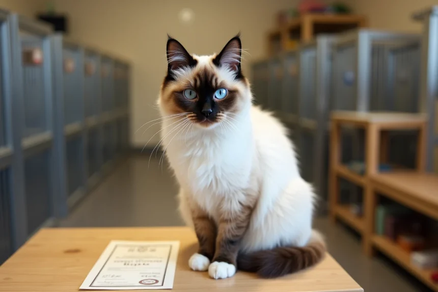 Chat sacré de Birmanie assis sur une table d'éleveur avec pedigree et étiquette de prix