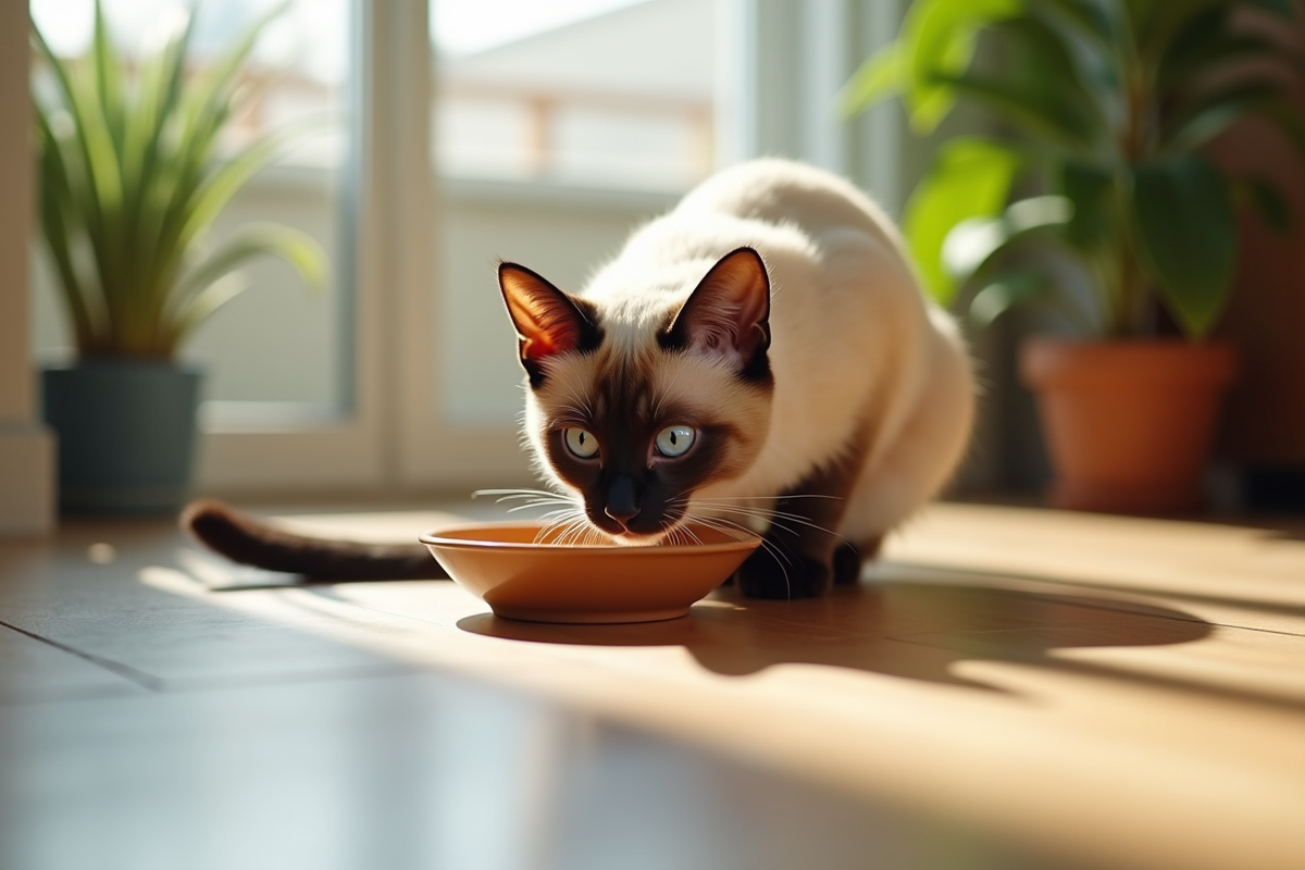 Chat siamois buvant de l