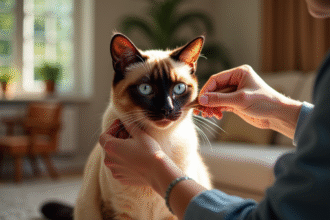 Chat siamois brossé par une personne souriante dans un salon chaleureux