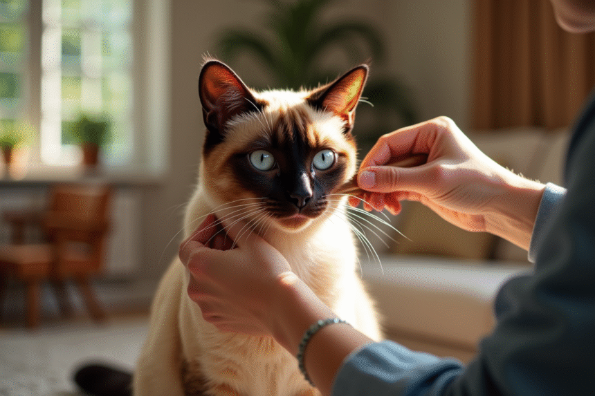 Chat siamois brossé par une personne souriante dans un salon chaleureux