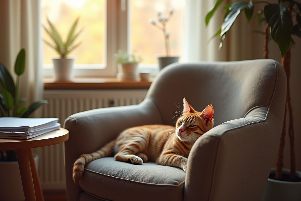 Chat tigré dormant sur un fauteuil avec documents d