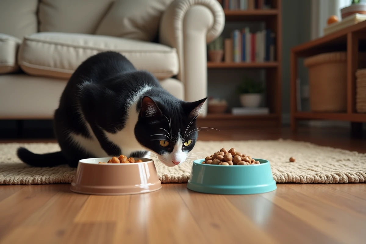 Chat stérilisé noir et blanc comparant deux types d'alimentation humide et sèche dans un salon confortable à domicile