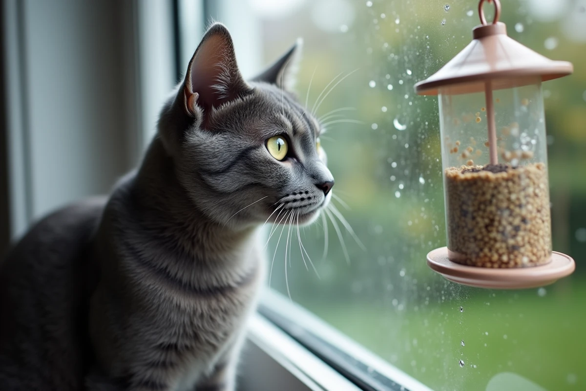 Chat gris assis sur un rebord de fenêtre regardant un mangeoire à oiseaux dehors avec curiosité