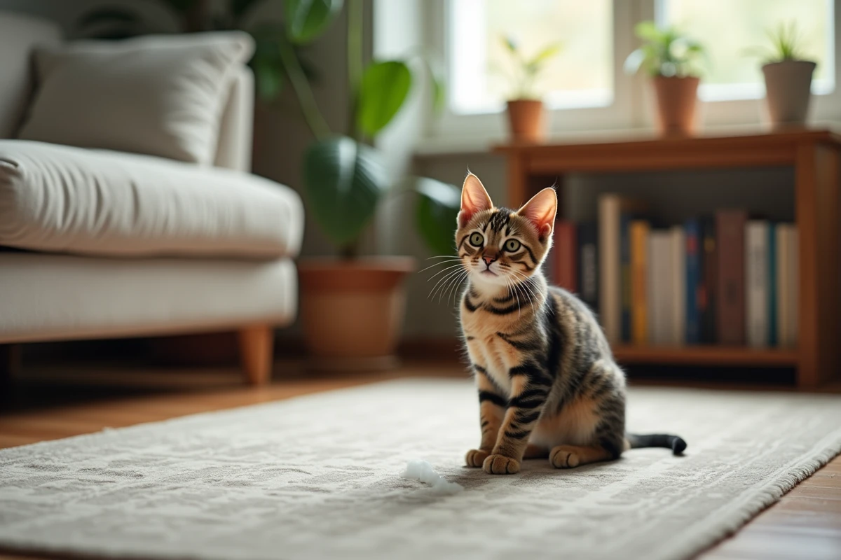 Chat tacheté assis près d une fenêtre dans un salon douillet