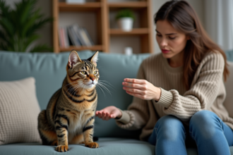 Chat tabby inquiet sur un canapé avec une femme attentive
