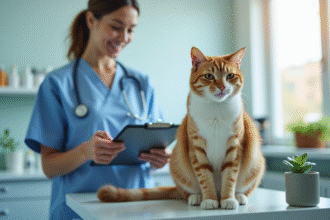 Chat domestique sur la table du vétérinaire avec une vétérinaire souriante