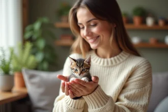 Chaton tabby de 8 semaines tenu dans les mains d'une jeune femme dans un salon cosy, adoption chaton Toulon Var