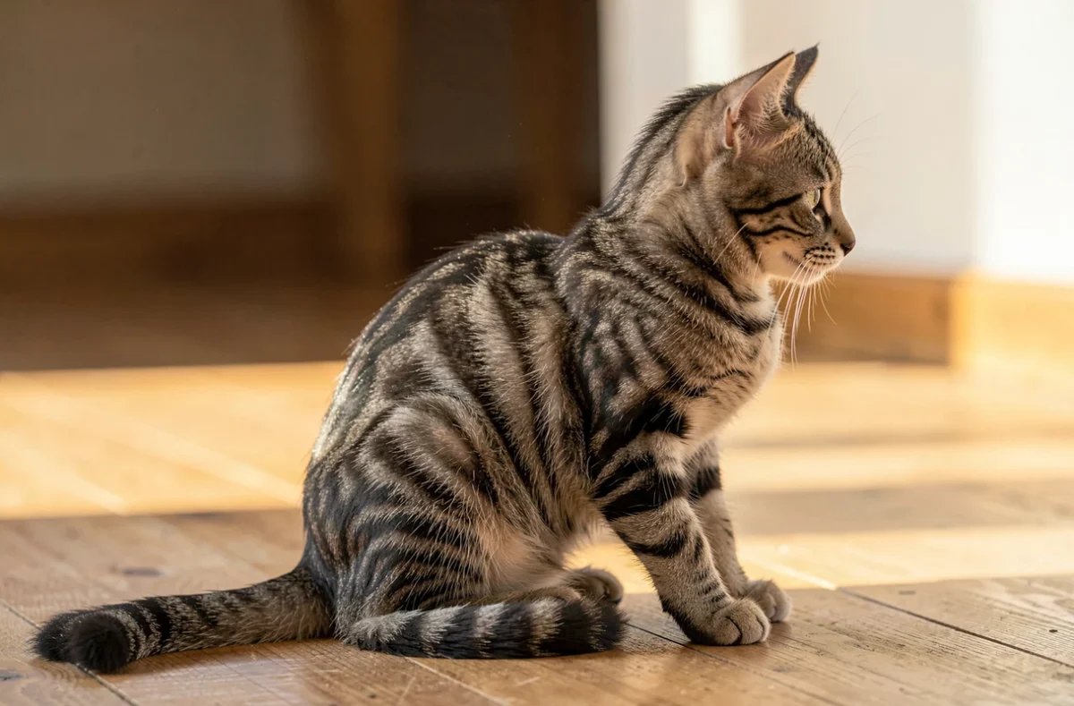 Chaton au pelage tigré montrant des rayures fines sur le flanc
