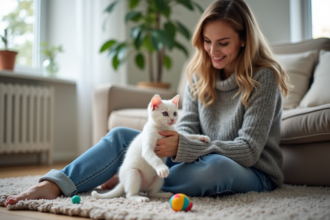Chaton Bengal blanc jouant dans le salon avec une femme