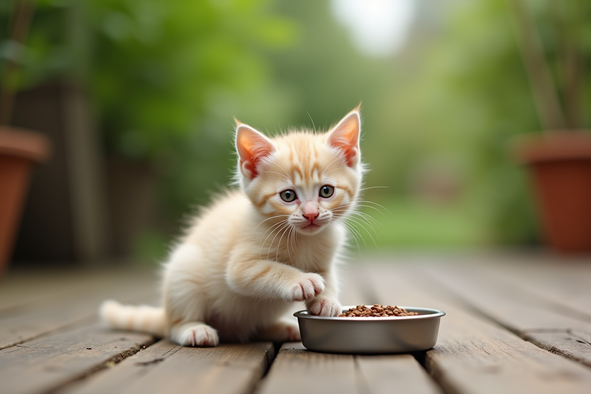 Chaton crème jouant sur une terrasse en bois dans le jardin