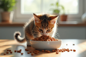 Chaton tigré curieux reniflant nourriture sèche pour chat