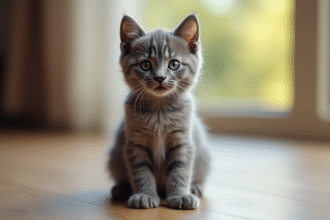 Chaton gris assis sur le sol en lumière naturelle