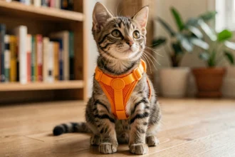 Chaton tabby portant un harnais anti-évasion orange ajustable sur un plancher en bois