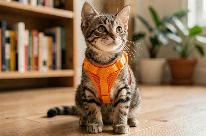 Chaton tabby portant un harnais anti-évasion orange ajustable sur un plancher en bois