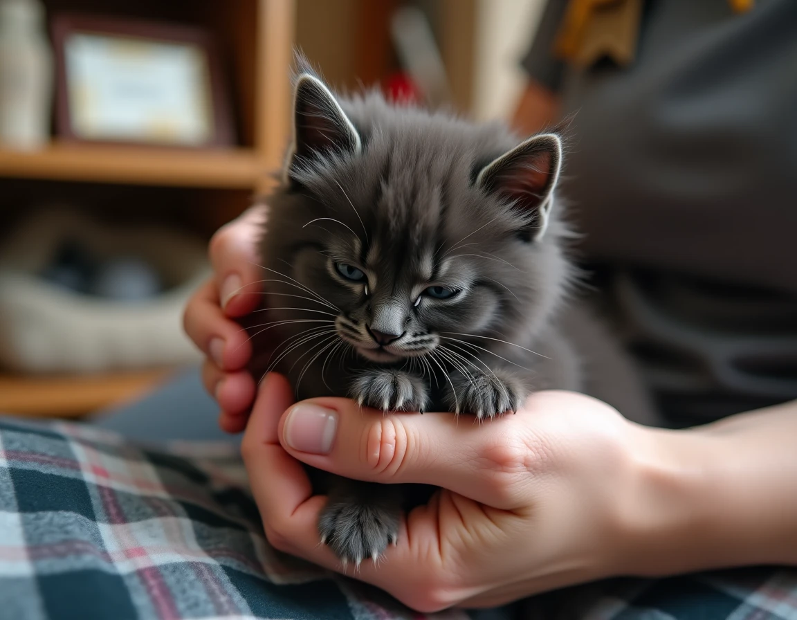 Chaton Maine Coon black smoke dans les mains d'un éleveur professionnel, cadre soigné d'une chatterie certifiée