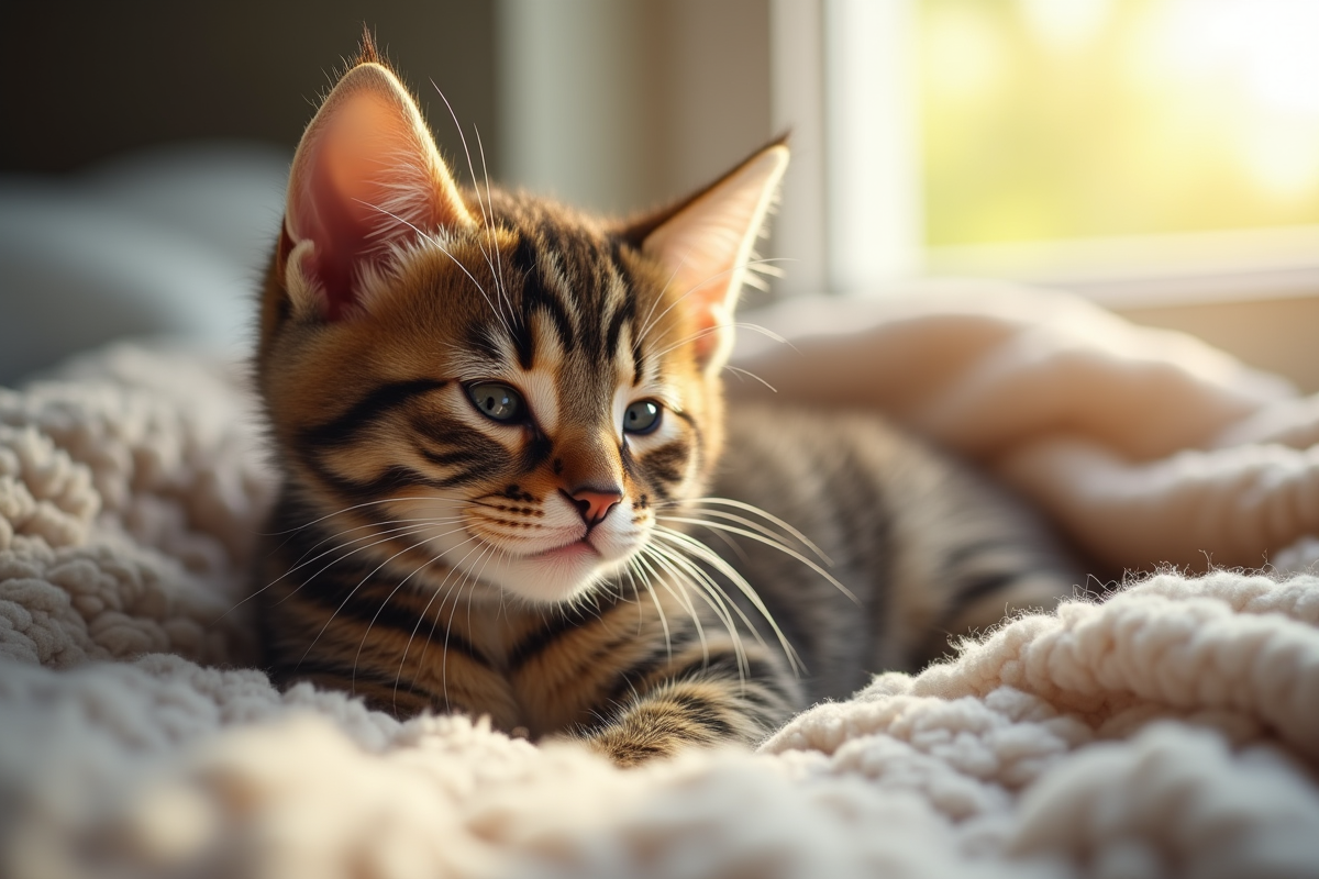 Chaton tabby reposant sur une couverture près d