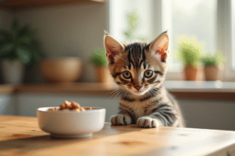 Chaton tabby assis près d'un bol dans une cuisine lumineuse