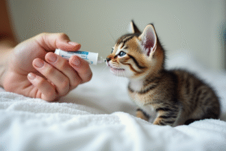 Main humaine donnant un vermifuge à un chaton sur une serviette blanche