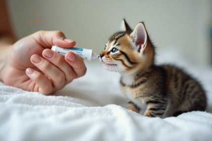 Main humaine donnant un vermifuge à un chaton sur une serviette blanche
