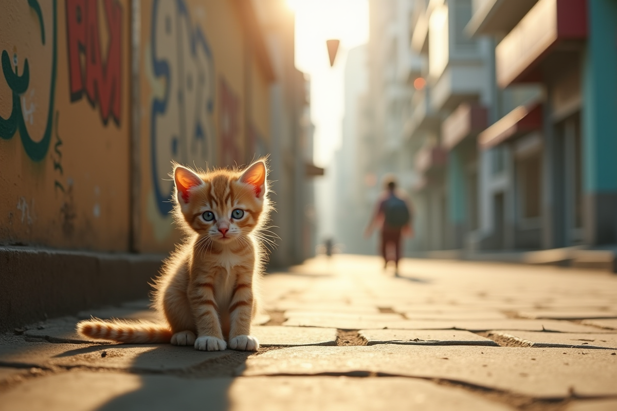 Chaton aux yeux bleus seul sur le trottoir en ville