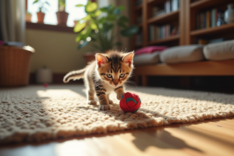 Chaton joueur à poils tabby clair dans un intérieur chaleureux