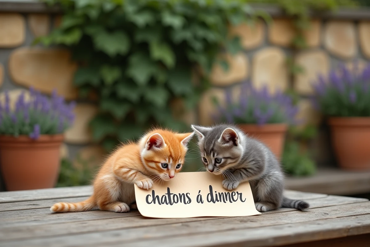 Deux chatons à donner près de Toulon assis sur une table de jardin provençale avec une pancarte manuscrite