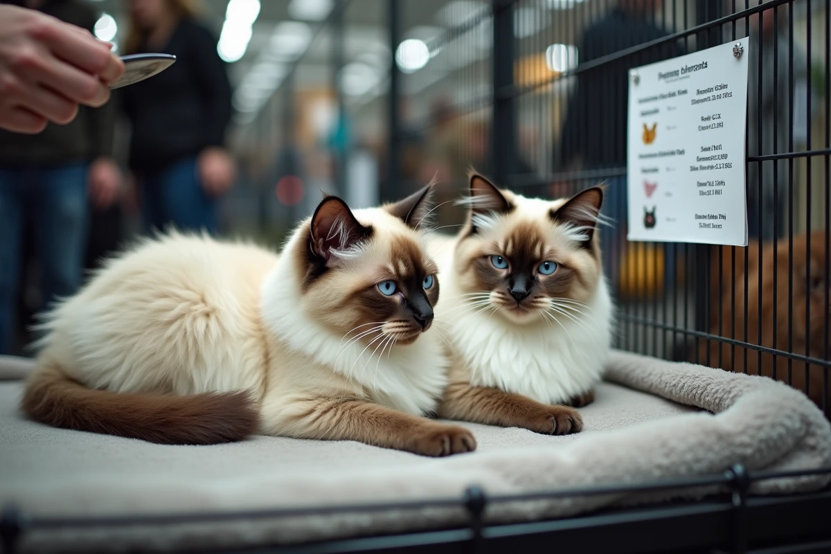 Deux chats sacrés de Birmanie en cage lors d'une exposition avec affichage des prix