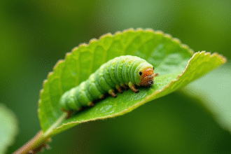 Chenille verte sur feuille d arbre à pommes en macro