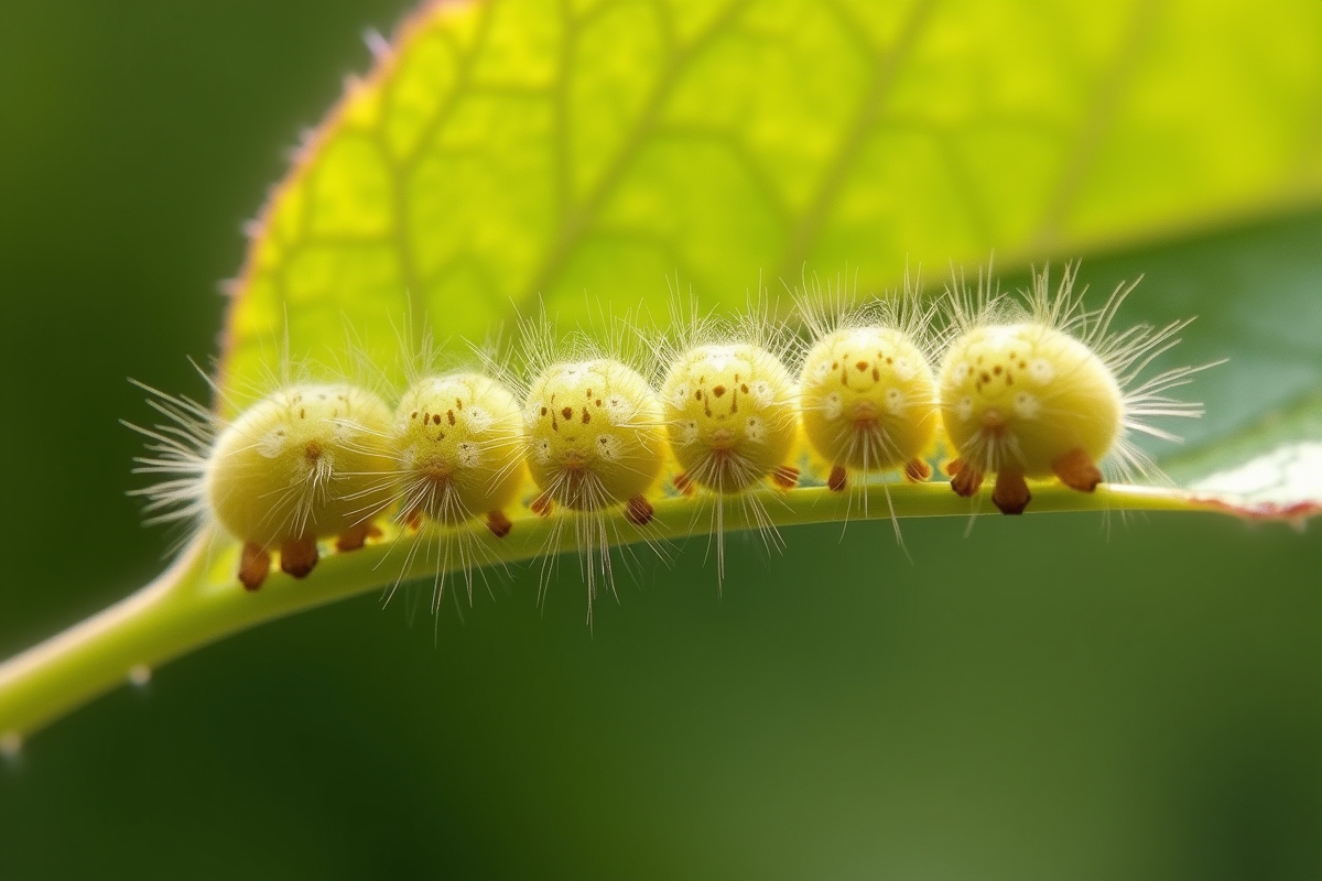 Plusieurs chenilles sur feuille en lumière naturelle