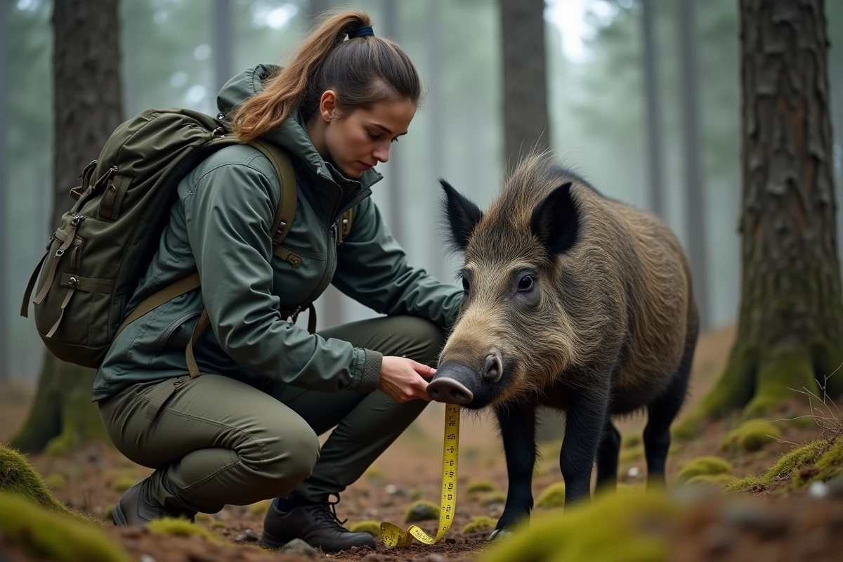 Chercheuse mesurant un sanglier en foret de pins