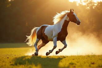 Cheval puissant galopant dans une prairie ensoleillee