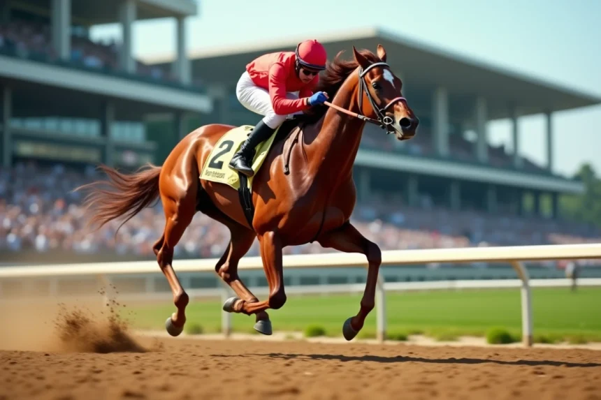 Cheval de course pur-sang au galop sur un hippodrome professionnel avec jockey en selle