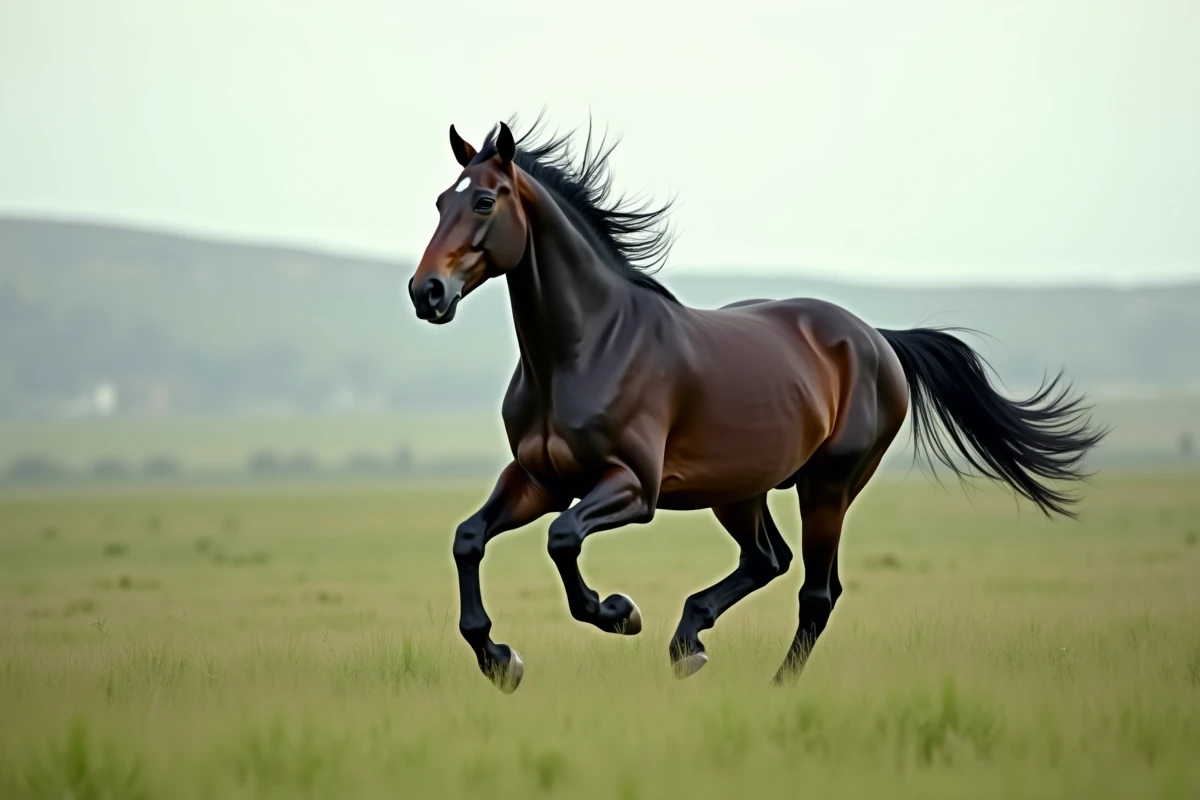 Cheval alezan puissant au galop libre dans une prairie verdoyante sans cavalier
