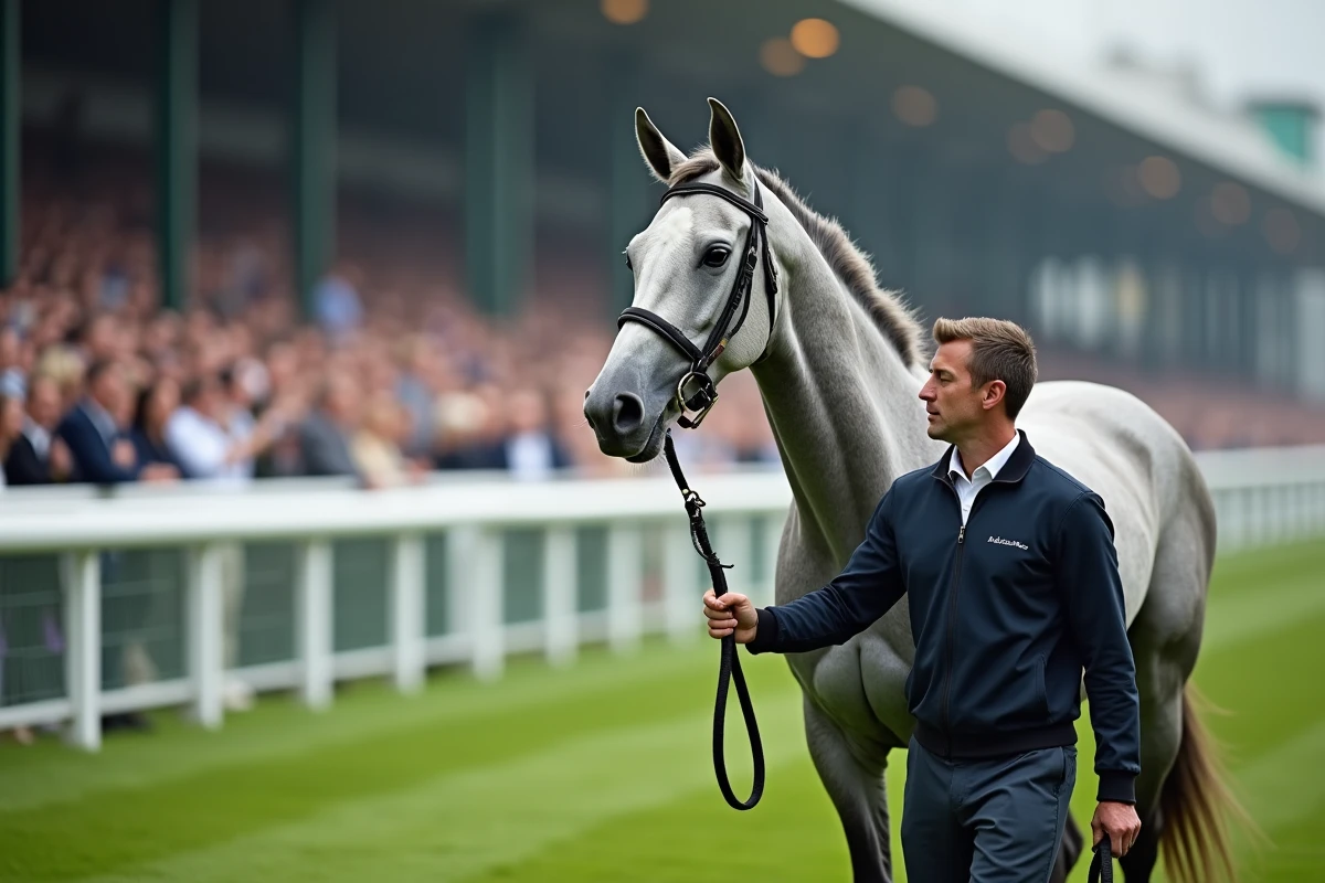 Cheval pur-sang gris en parade au paddock avant une course avec son lad