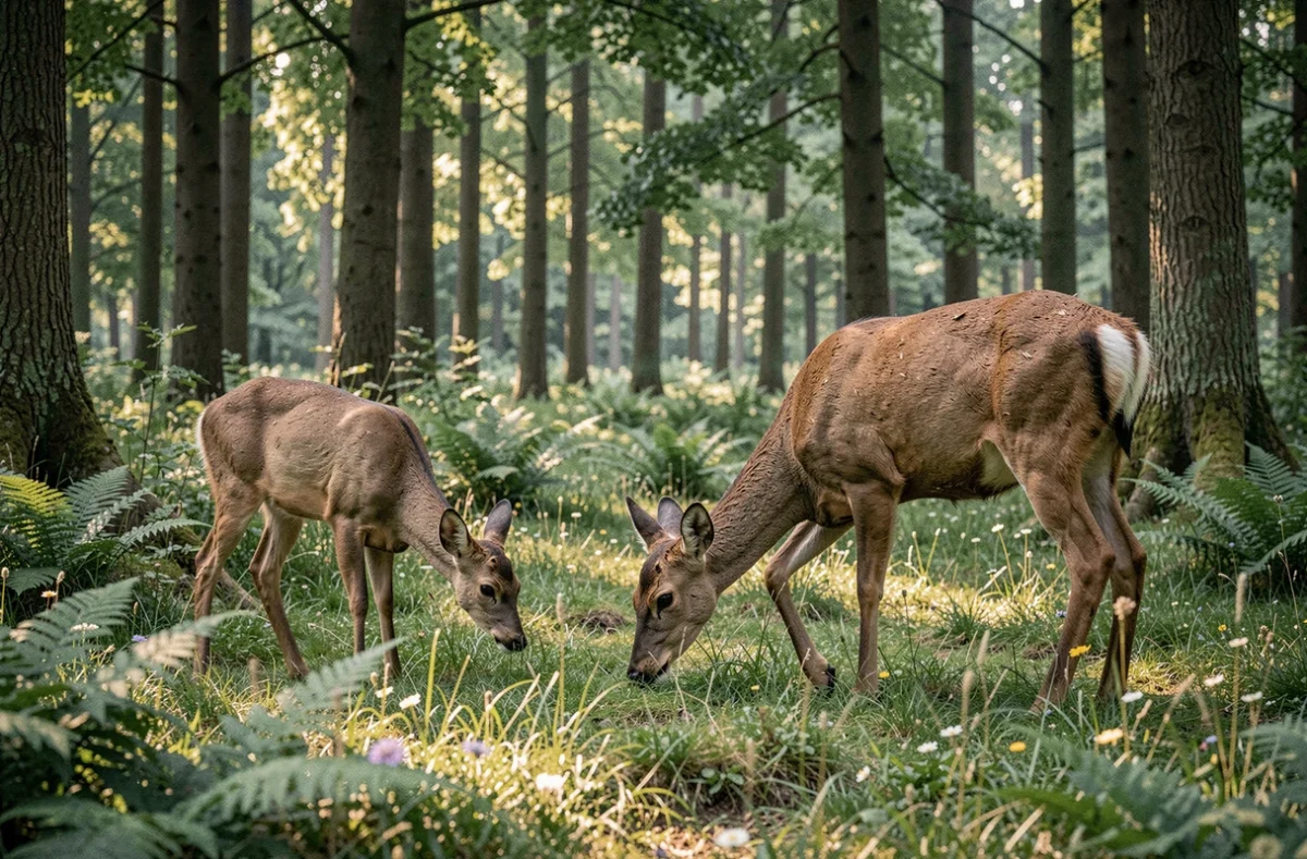 Chevrette et biche en train de brouter dans une clairière forestière européenne