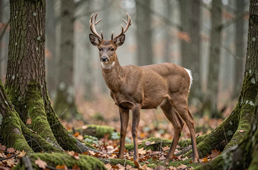 Chevreuil mâle adulte avec ses courtes chevillures en lisière de forêt automnale