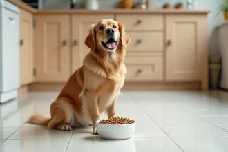 Chien golden retriever adulte assis devant un bol de croquettes ultra premium en cuisine