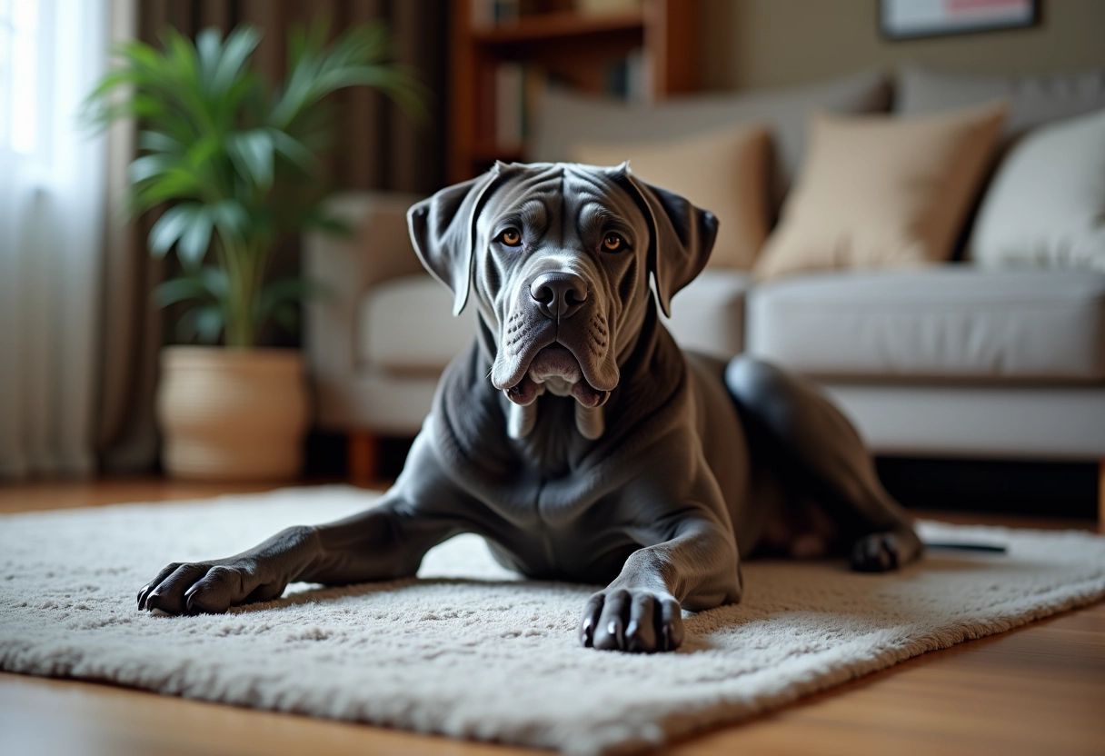 Chien Cane Corso allongé dans salon cosy
