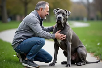 Chien Cane Corso bleu assis avec homme dans parc