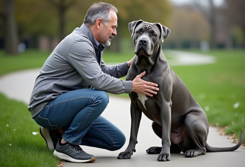 Chien Cane Corso bleu assis avec homme dans parc