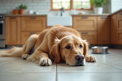 Chien golden retriever allongé sur le carrelage de la cuisine, l'air fatigué après une activité physique intense, à côté d'un bol d'eau