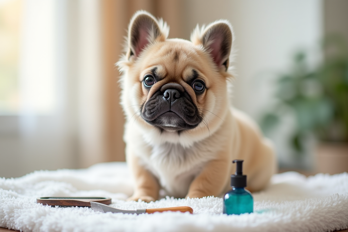 Epagneul français propre et coiffé à la maison avec outils de toilettage