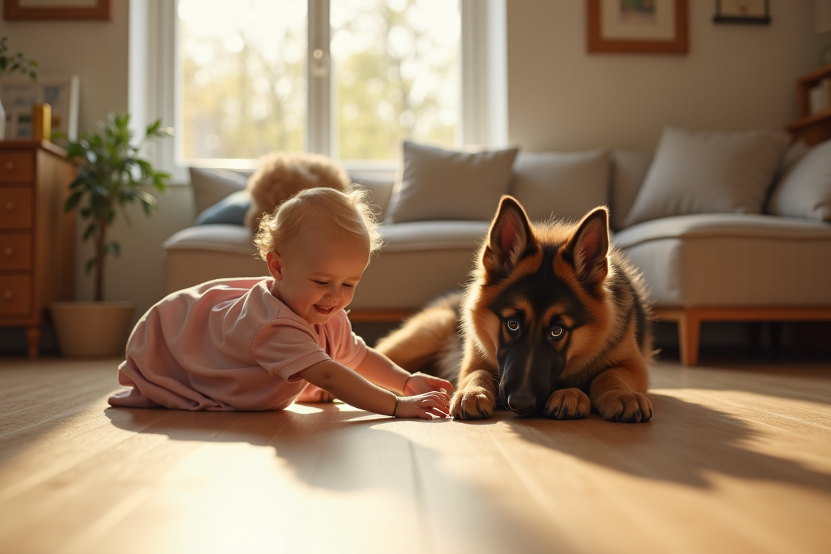 Chiot berger allemand jouant avec un enfant dans un salon lumineux