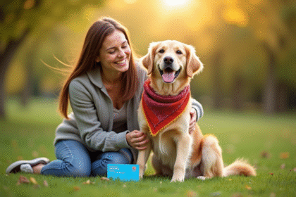 Chien golden retriever souriant avec son propriétaire dans un parc ensoleille