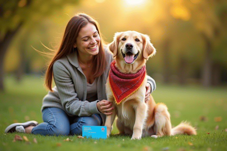 Chien golden retriever souriant avec son propriétaire dans un parc ensoleille